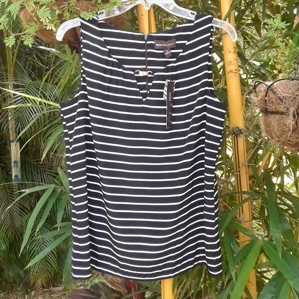 DANA BUCHMAN Sleeveless Top NWT Ruched Striped SZ M Black White Blouse Lined
